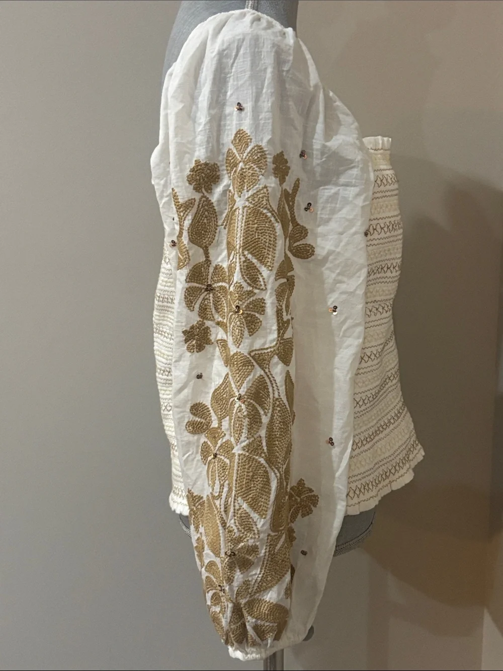 Anthropologie Smocked Embroidered Puff Sleeve Square Neck Top Peasant Blouse